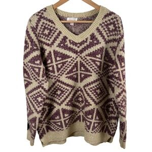 Belle Kim Gravel Geometric V-Neck Sweater Women M Cream Wine Cozy Grandpa